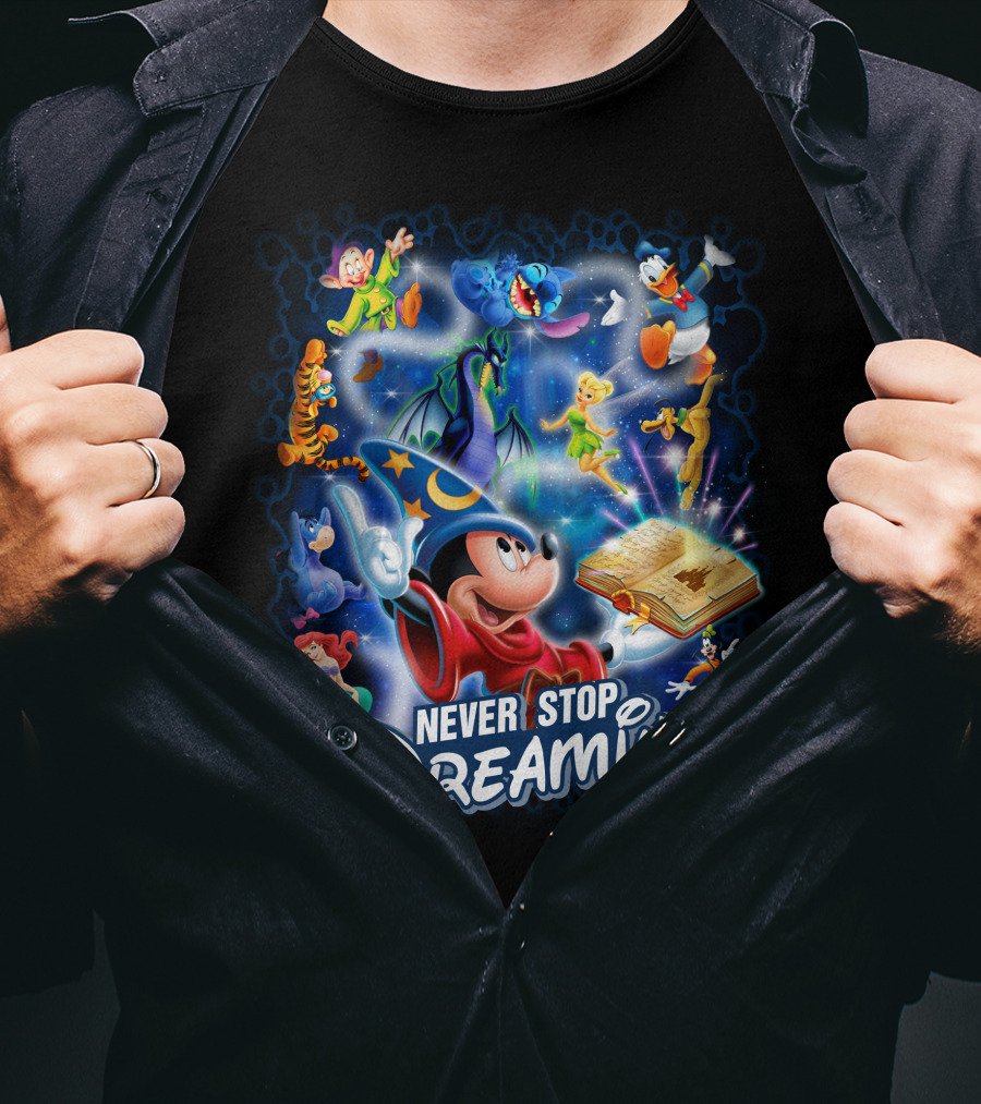 Never Stop Dreaming Disney Characters Magic Book T-Shirt