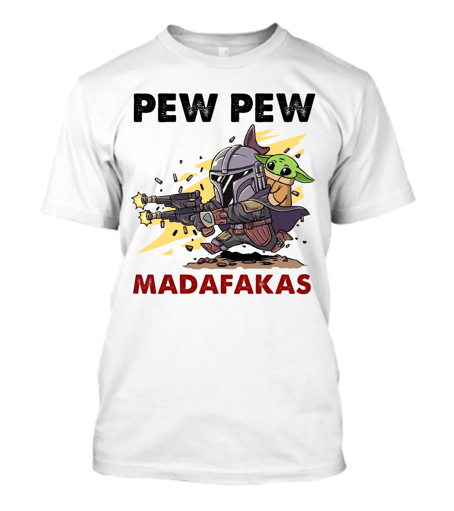 Pew Pew Madafakas Mandalorian Baby Yoda Gun Firing Scene T-Shirt