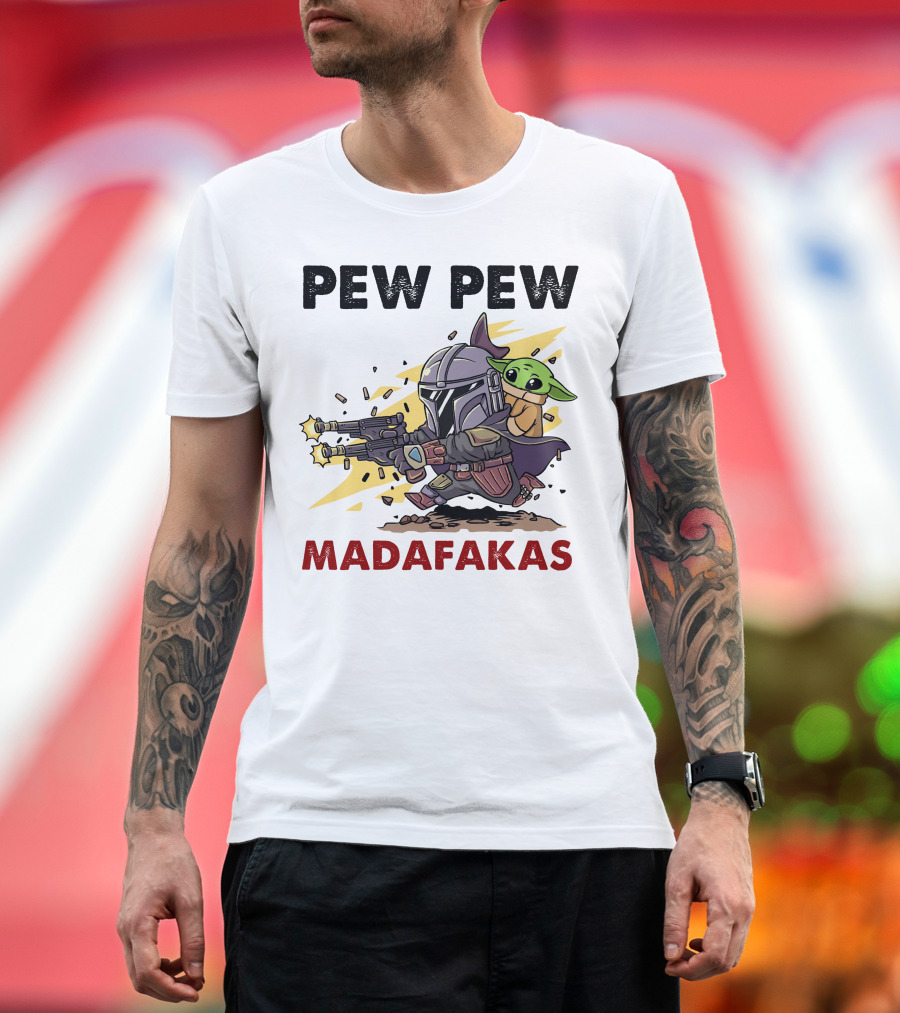 Pew Pew Madafakas Mandalorian Baby Yoda Gun Firing Scene T-Shirt