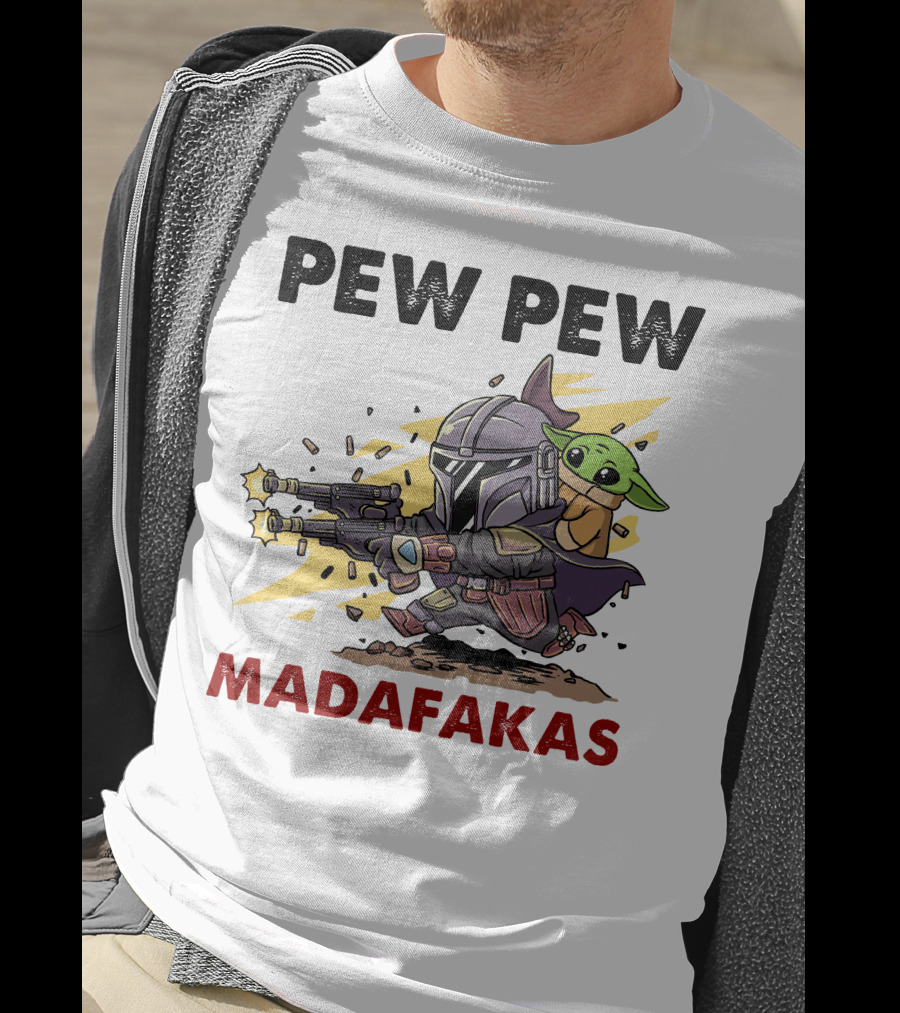 Pew Pew Madafakas Mandalorian Baby Yoda Gun Firing Scene T-Shirt