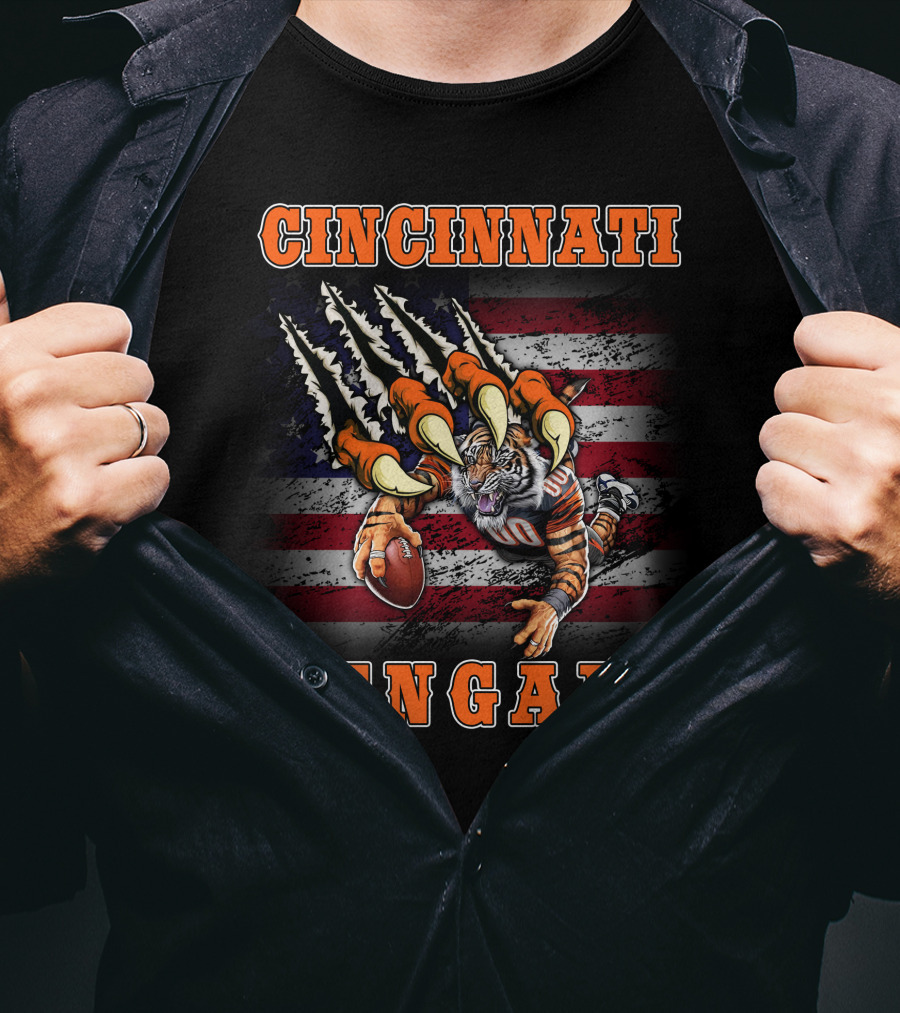 Cincinnati Bengals Clawing Tiger With American Flag And Football T-Shirt