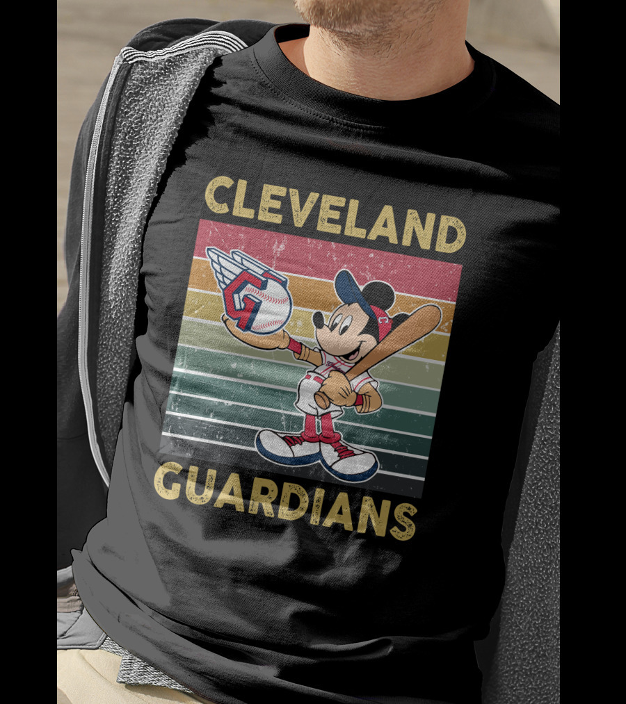 Cleveland Guardians Mickey Mouse Baseball Retro Stripes T-Shirt