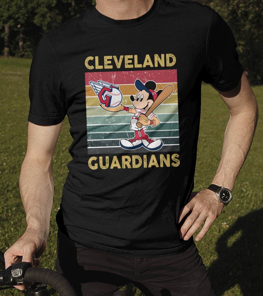 Cleveland Guardians Mickey Mouse Baseball Retro Stripes T-Shirt