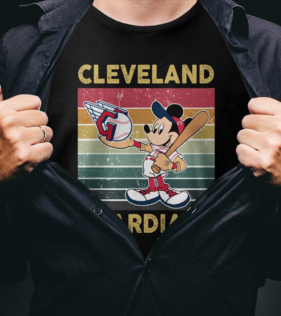 Cleveland Guardians Mickey Mouse Baseball Retro Stripes T-Shirt