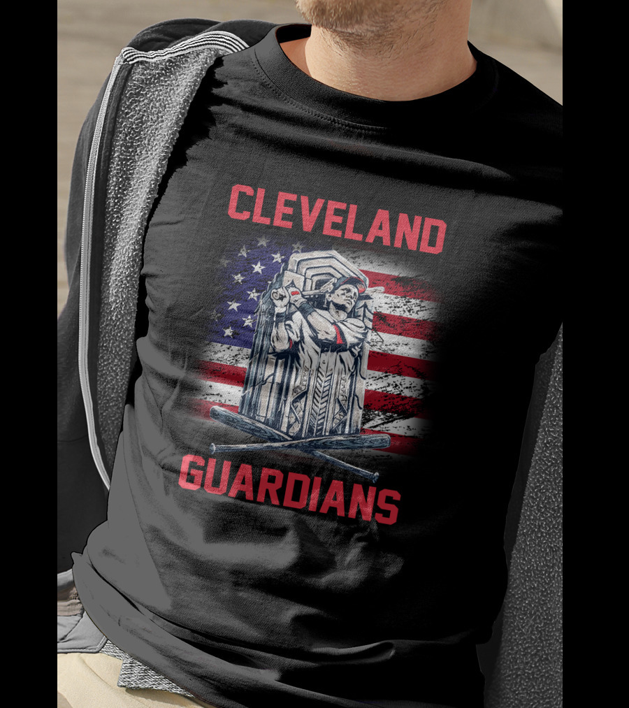 Cleveland Guardians American Flag Baseball Statue T-Shirt