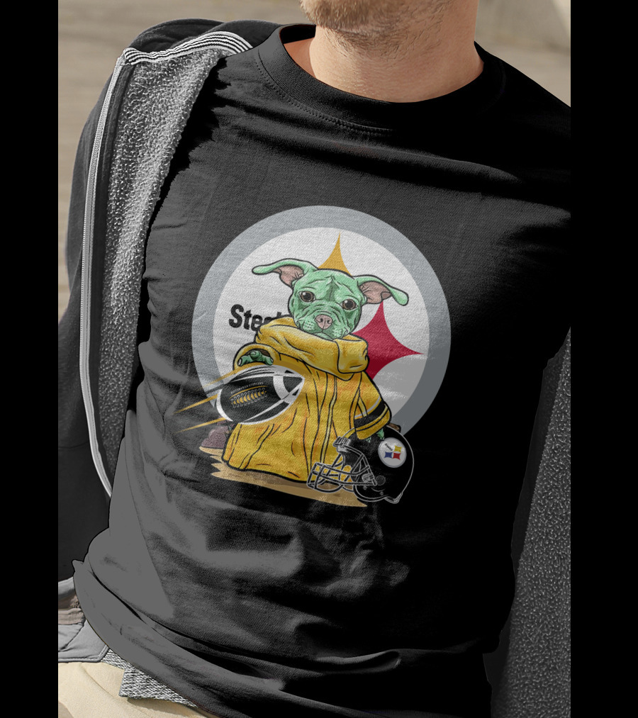 Pitbull Steelers Baby Holding Football With Steelers Logo And Helmet T-Shirt