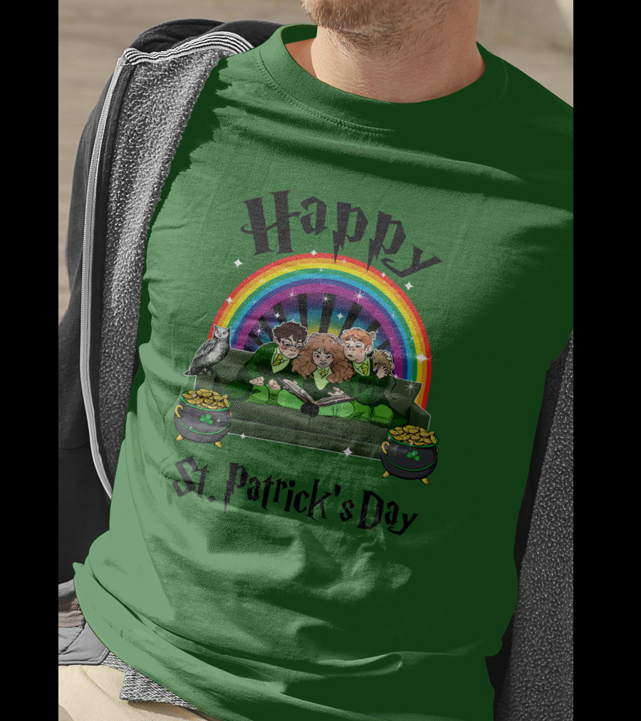 Happy St. Patrick's Day With Rainbow And Green Characters On Couch T-Shirt
