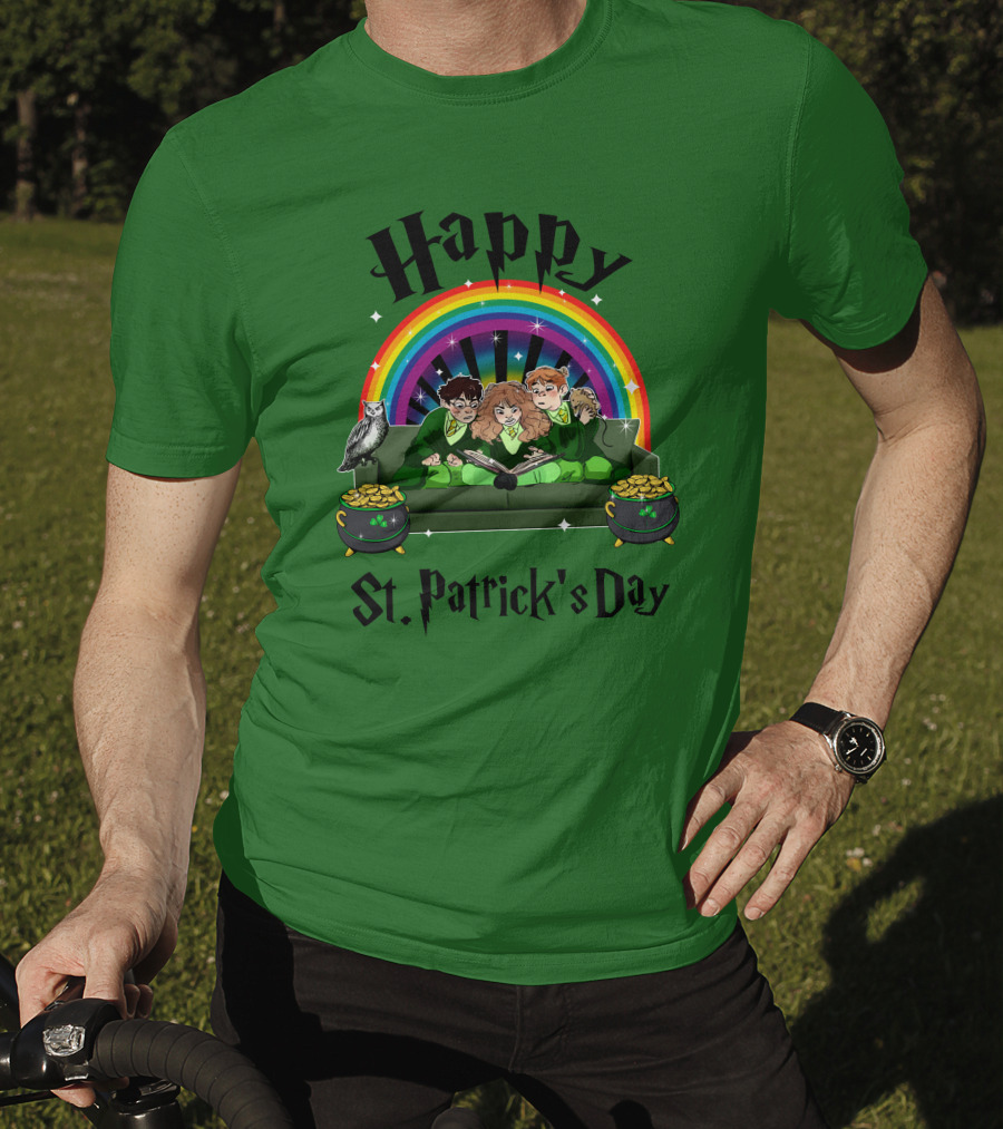 Happy St. Patrick's Day With Rainbow And Green Characters On Couch T-Shirt