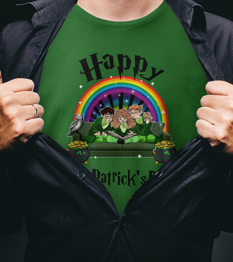 Happy St. Patrick's Day With Rainbow And Green Characters On Couch T-Shirt
