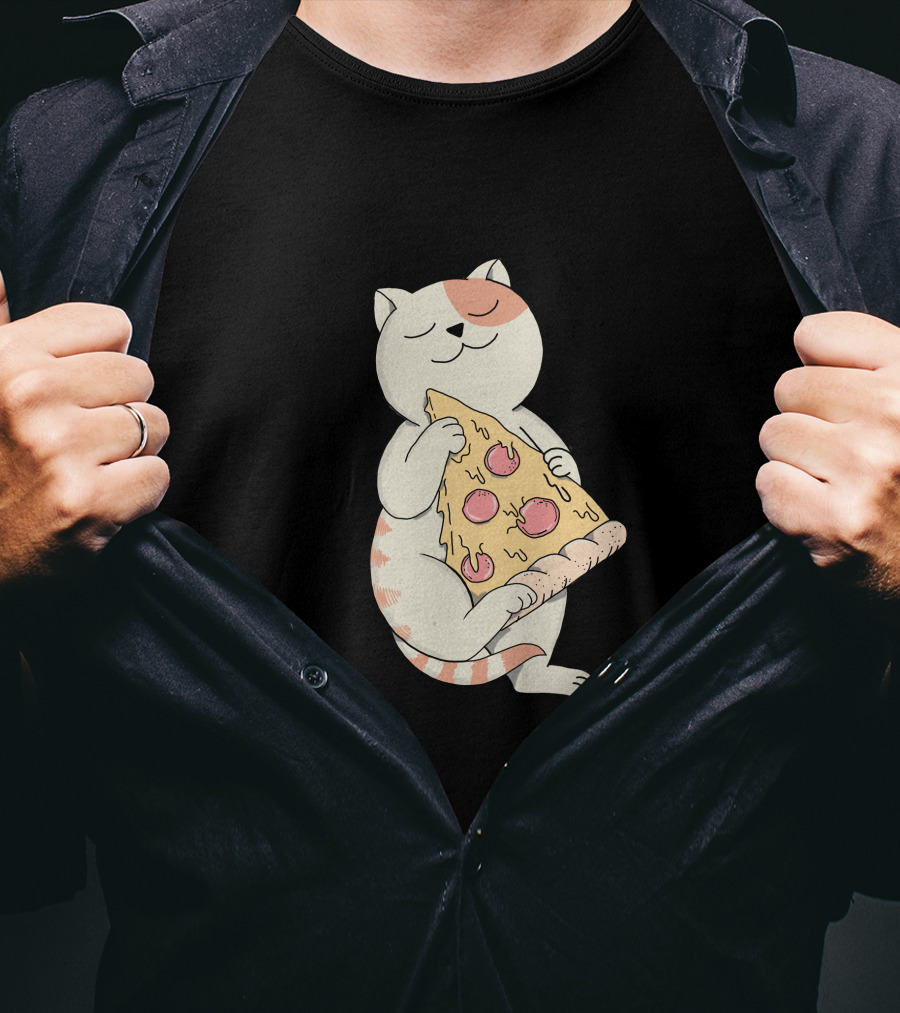 Cat Hugging Pepperoni Pizza Slice T-Shirt