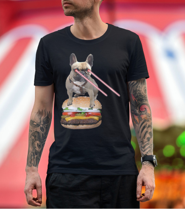 Premium T-Shirt: Bulldog with Laser Eyes Standing on Hamburger T-Shirt Bulldog with Laser Eyes Standing on Hamburger T-Shirt