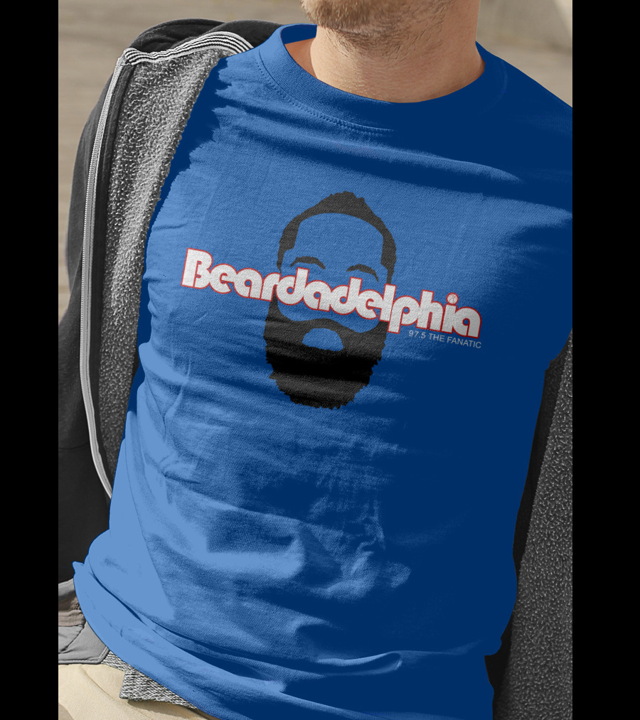 Beardadelphia 97.5 The Fanatic Silhouette Bold Text Blue Background T-Shirt