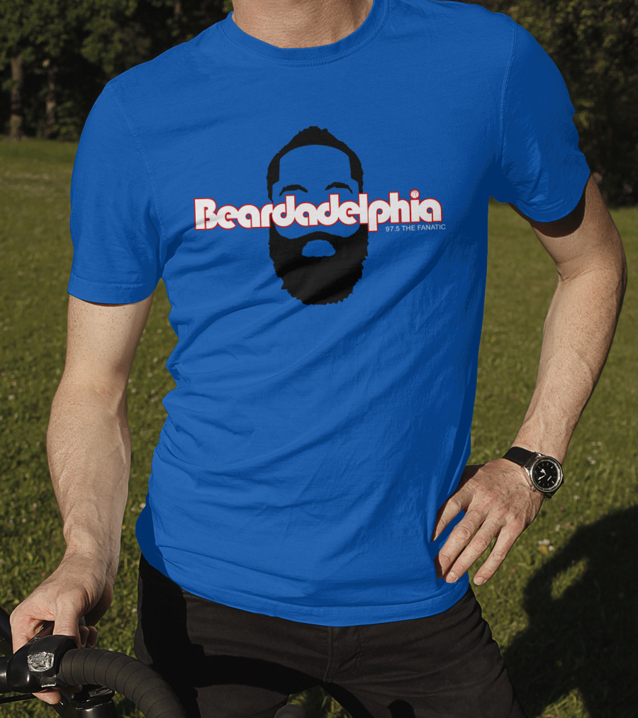 Beardadelphia 97.5 The Fanatic Silhouette Bold Text Blue Background T-Shirt