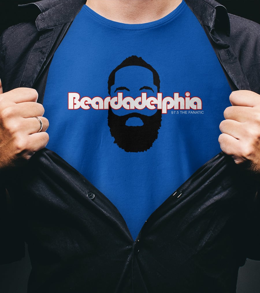 Beardadelphia 97.5 The Fanatic Silhouette Bold Text Blue Background T-Shirt