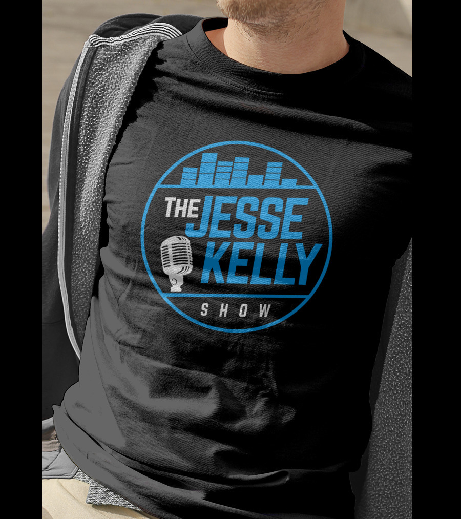 The Jesse Kelly Show Microphone Logo Design With Blue Text And Sound Bars T-Shirt