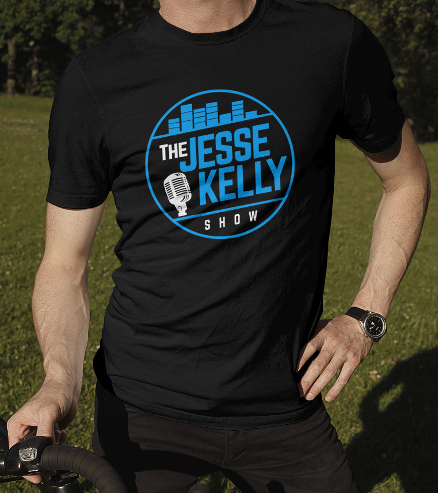 The Jesse Kelly Show Microphone Logo Design With Blue Text And Sound Bars T-Shirt
