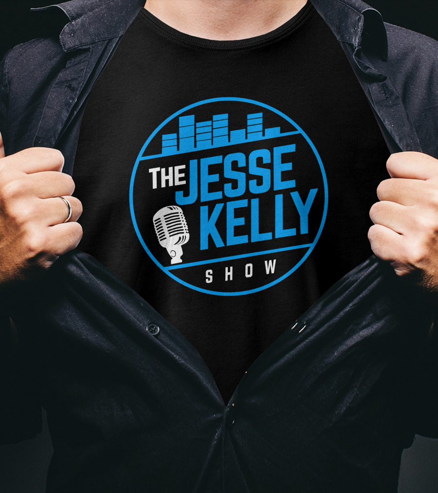 The Jesse Kelly Show Microphone Logo Design With Blue Text And Sound Bars T-Shirt