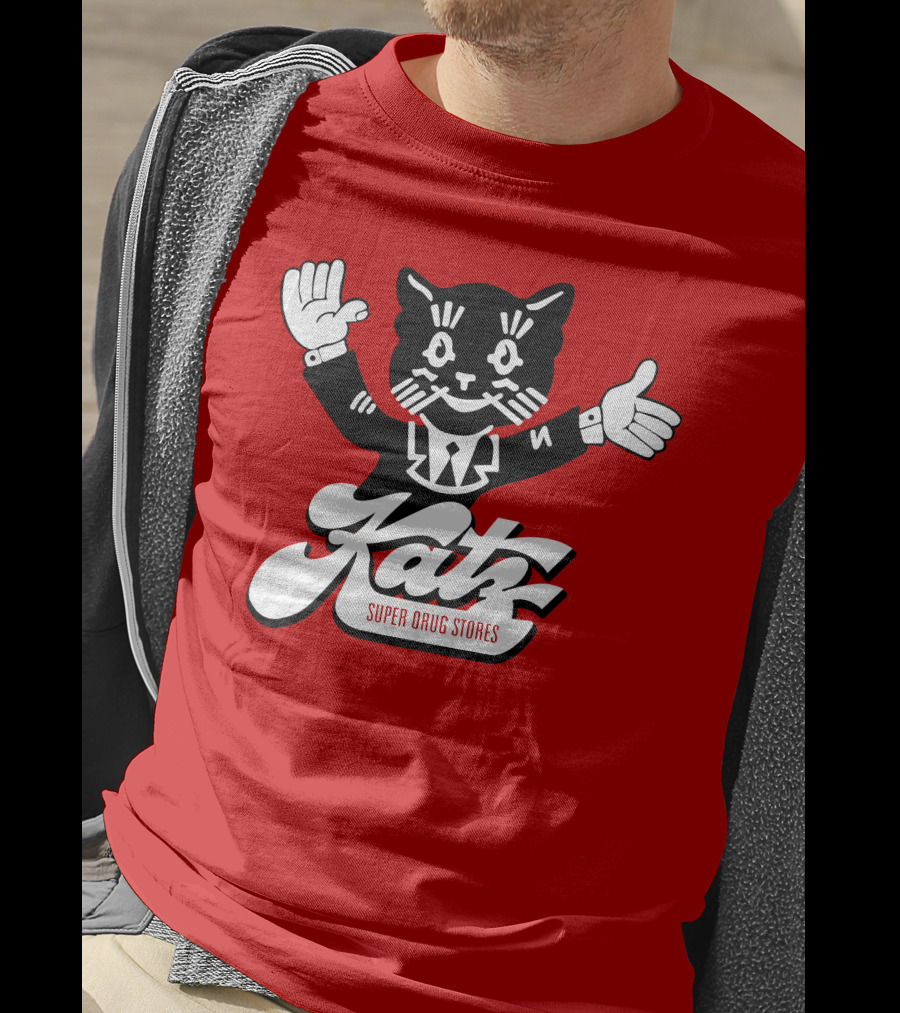 Katz Super Drug Stores Cat Mascot Smiling And Waving In Suit And Tie T-Shirt