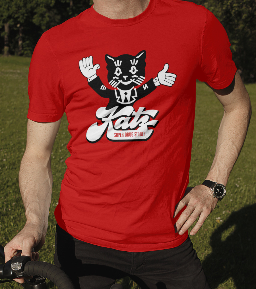 Katz Super Drug Stores Cat Mascot Smiling And Waving In Suit And Tie T-Shirt