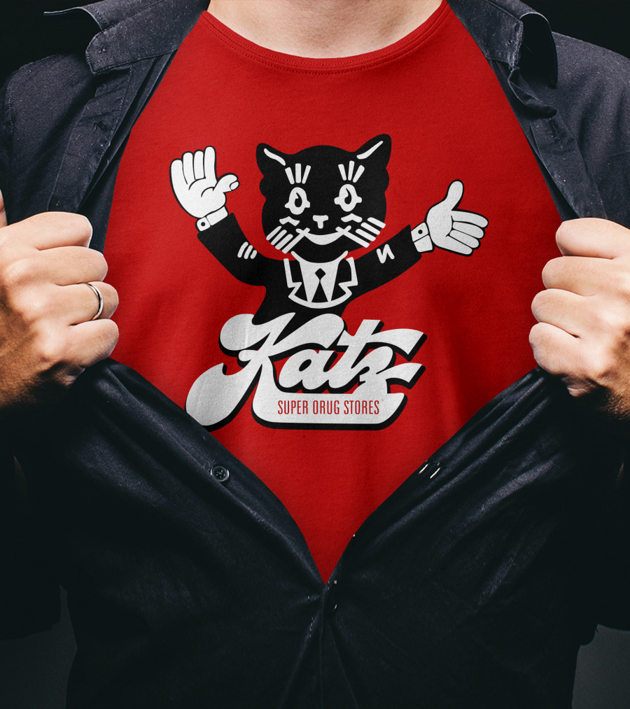 Katz Super Drug Stores Cat Mascot Smiling And Waving In Suit And Tie T-Shirt