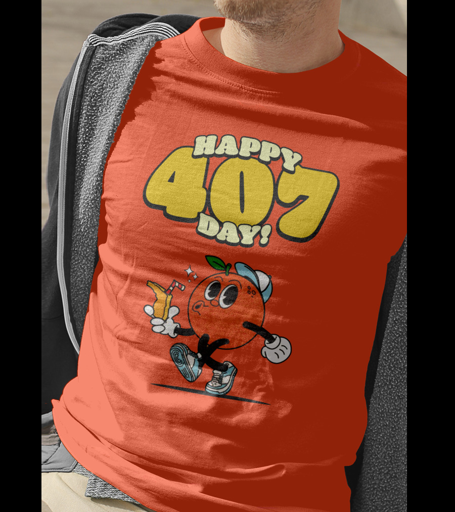 Happy 407 Day Orlando Orange Character With Drink And Sneakers T-Shirt