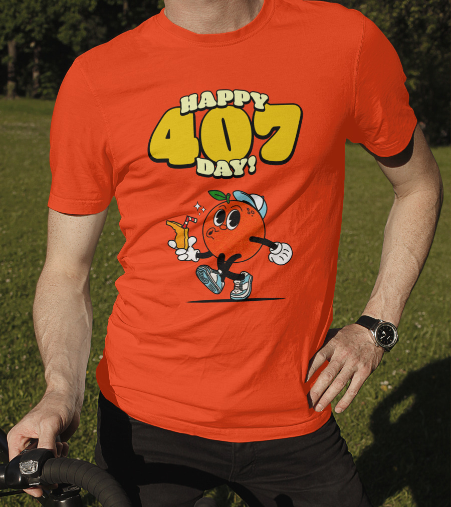 Happy 407 Day Orlando Orange Character With Drink And Sneakers T-Shirt