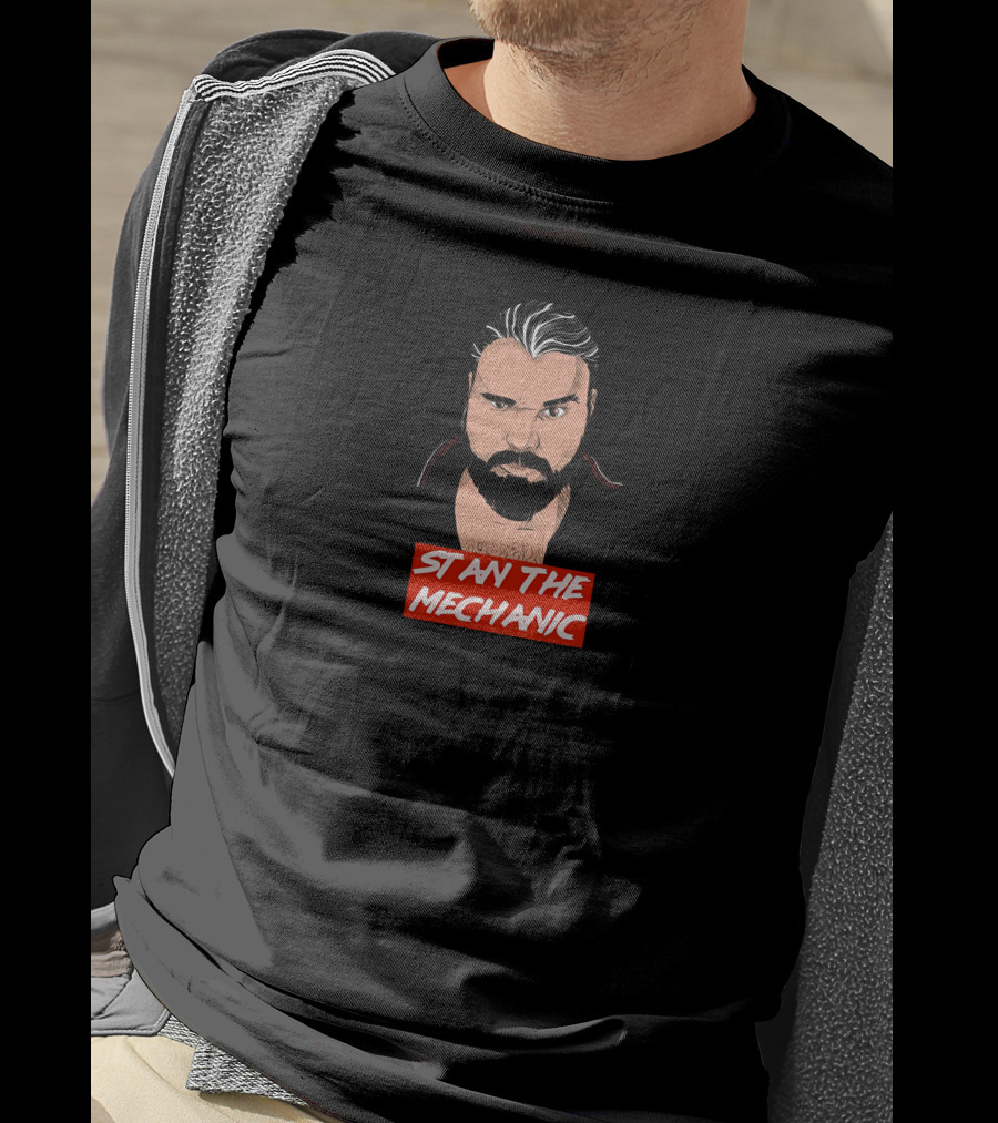 Stan The Mechanic Red Text Illustration With Bearded Character T-Shirt