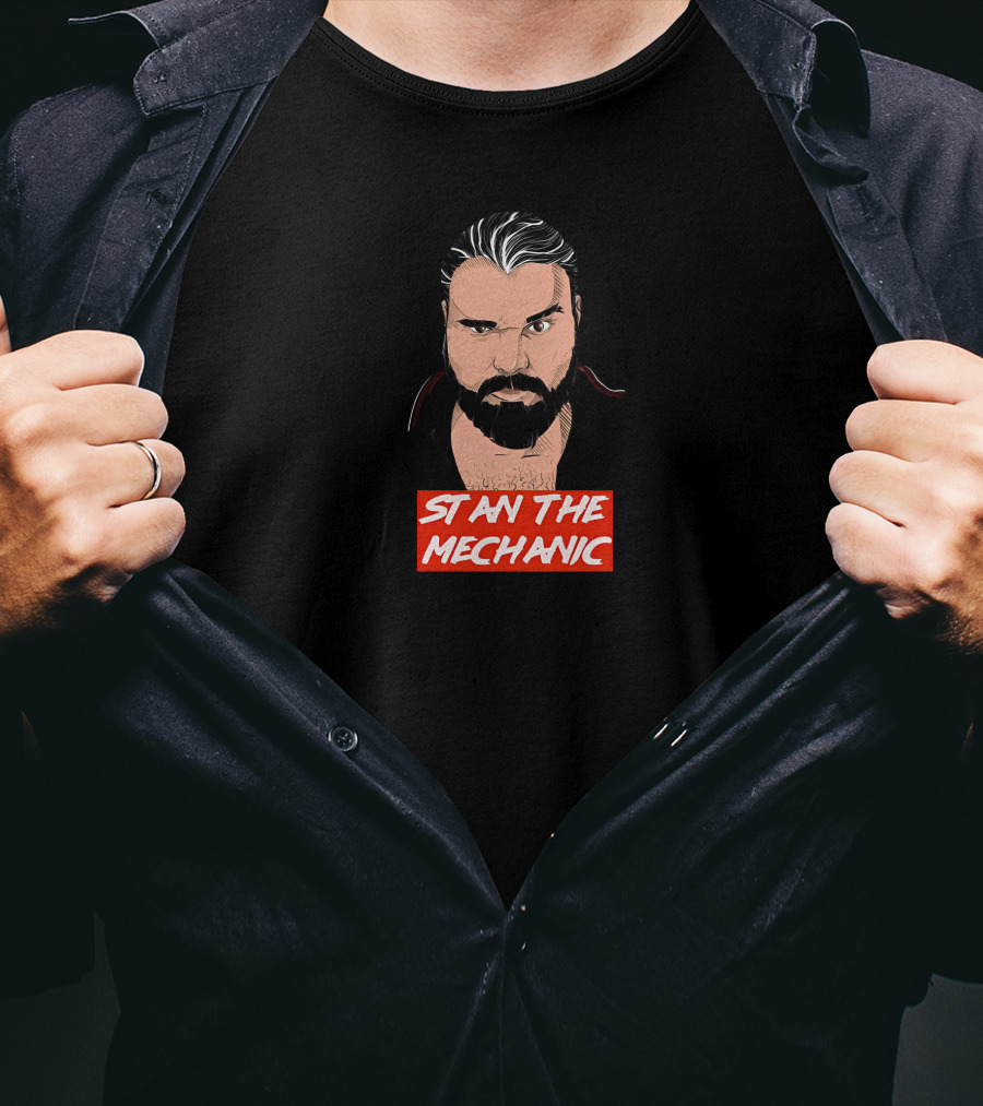 Stan The Mechanic Red Text Illustration With Bearded Character T-Shirt