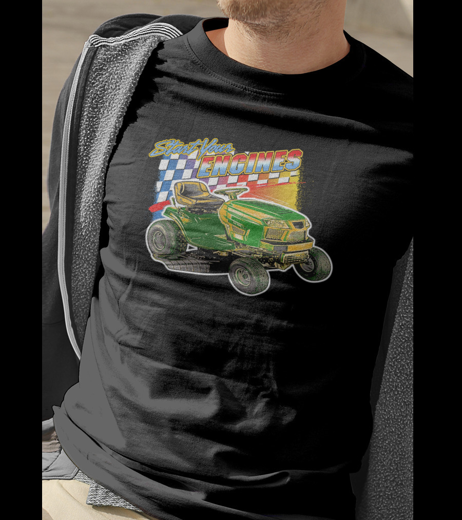 Start Your Engines Lawn Mower Racing With Checkered Flag T-Shirt