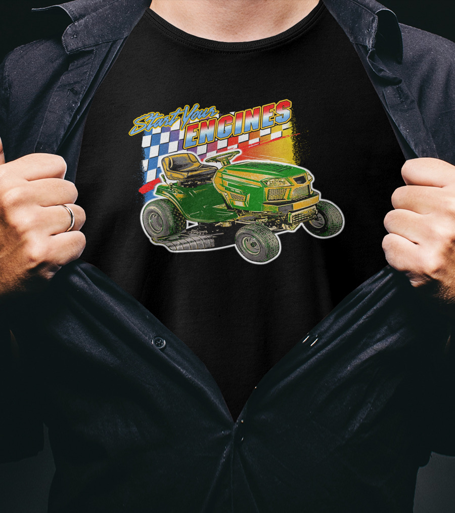 Start Your Engines Lawn Mower Racing With Checkered Flag T-Shirt