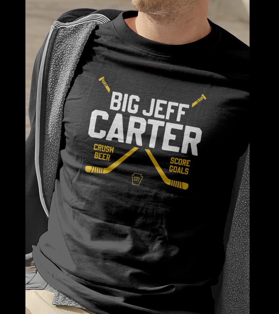 Big Jeff Carter Crush Beer Score Goals Hockey Crossed Sticks Steel City T-Shirt