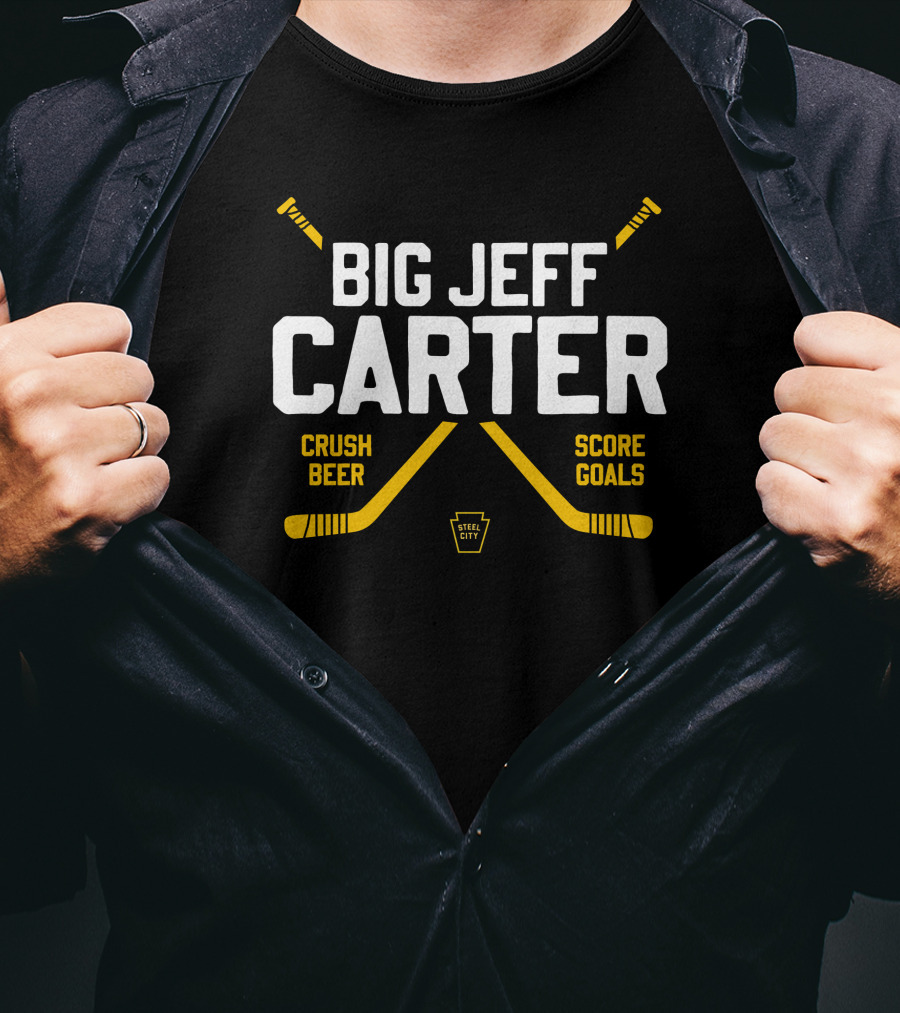 Big Jeff Carter Crush Beer Score Goals Hockey Crossed Sticks Steel City T-Shirt