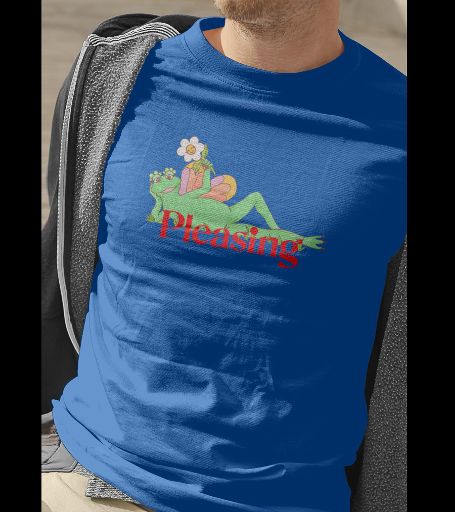 Pleasing Frog With Flower On Sky Blue Crewneck T-Shirt