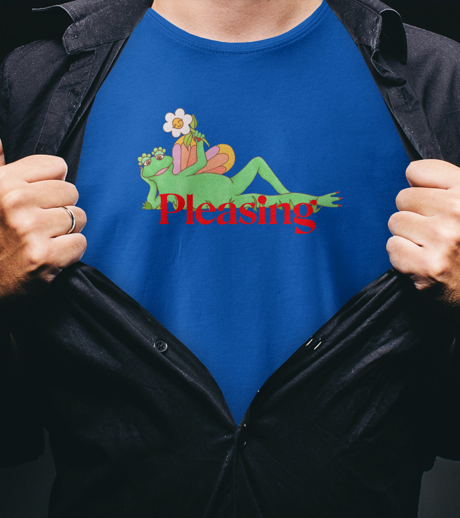Pleasing Frog With Flower On Sky Blue Crewneck T-Shirt