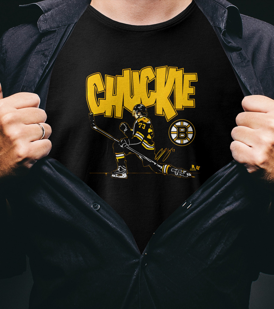 Boston Bruins Charlie McAvoy Chuckie Kneeling Pose With Hockey Stick T-Shirt