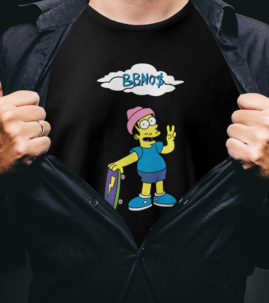 BBNO$ Cartoon Character With Skateboard And Peace Sign T-Shirt