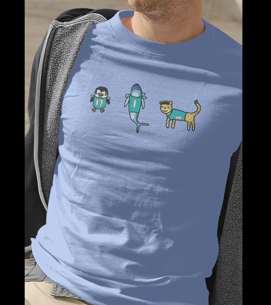 Waddle 17 Miami Dolphins Penguin Shark Cheetah Quirky Football Mascots T-Shirt