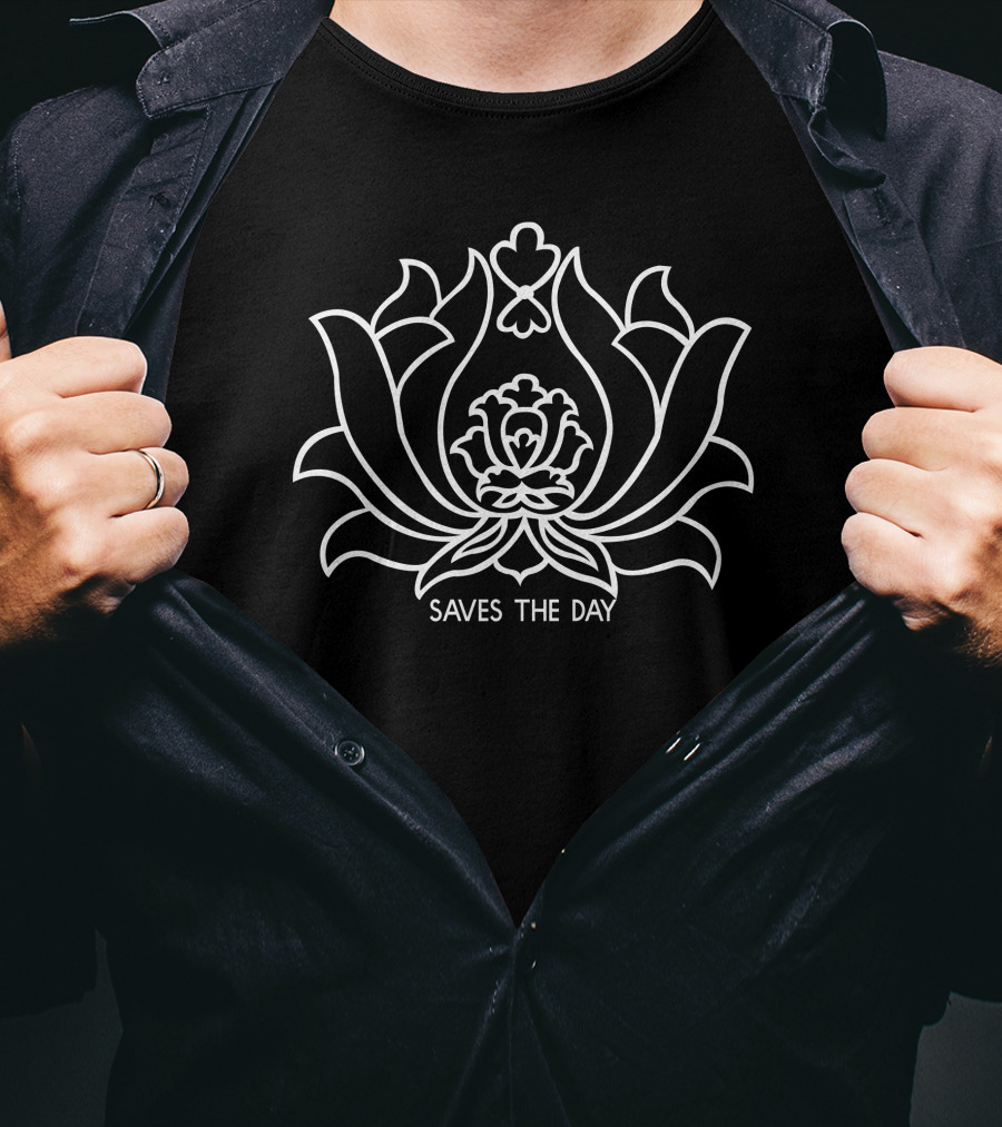 Saves The Day Floral Motif Design Black T-Shirt