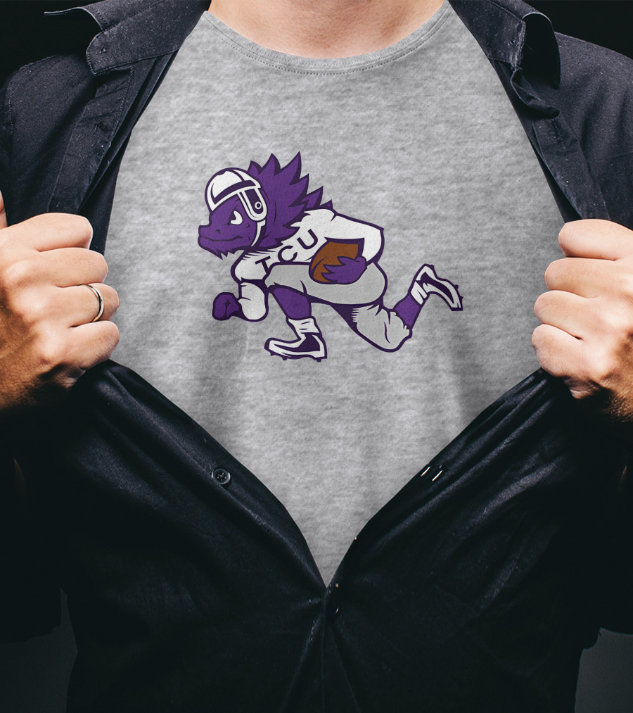 Running Horned Frog TCU Football Player In Purple And White Jersey T-Shirt