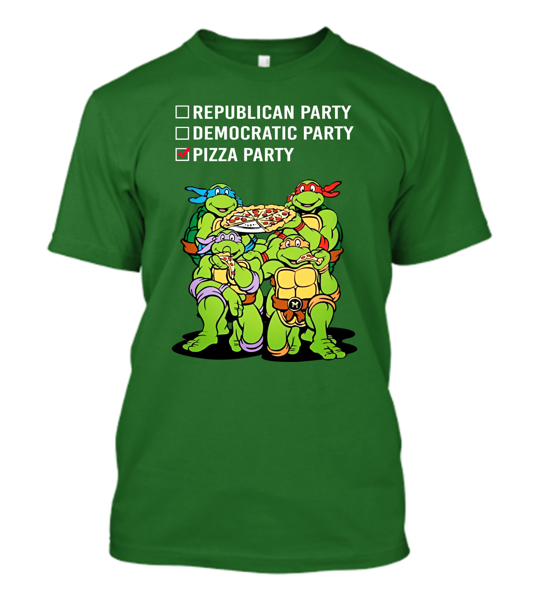 Pizza Party Checkmark With Four Ninja Turtles Carrying Pizza Under Republican Party Democratic Party Options T-Shirt