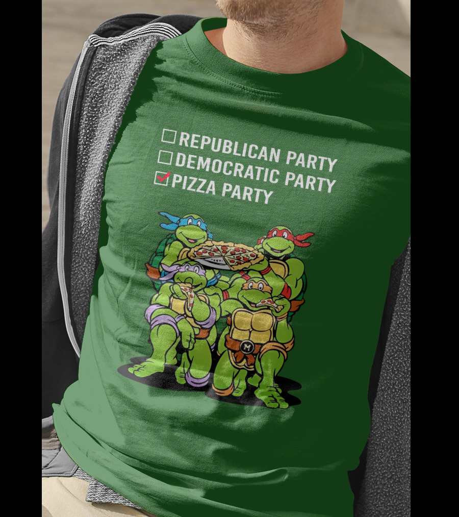 Pizza Party Checkmark With Four Ninja Turtles Carrying Pizza Under Republican Party Democratic Party Options T-Shirt