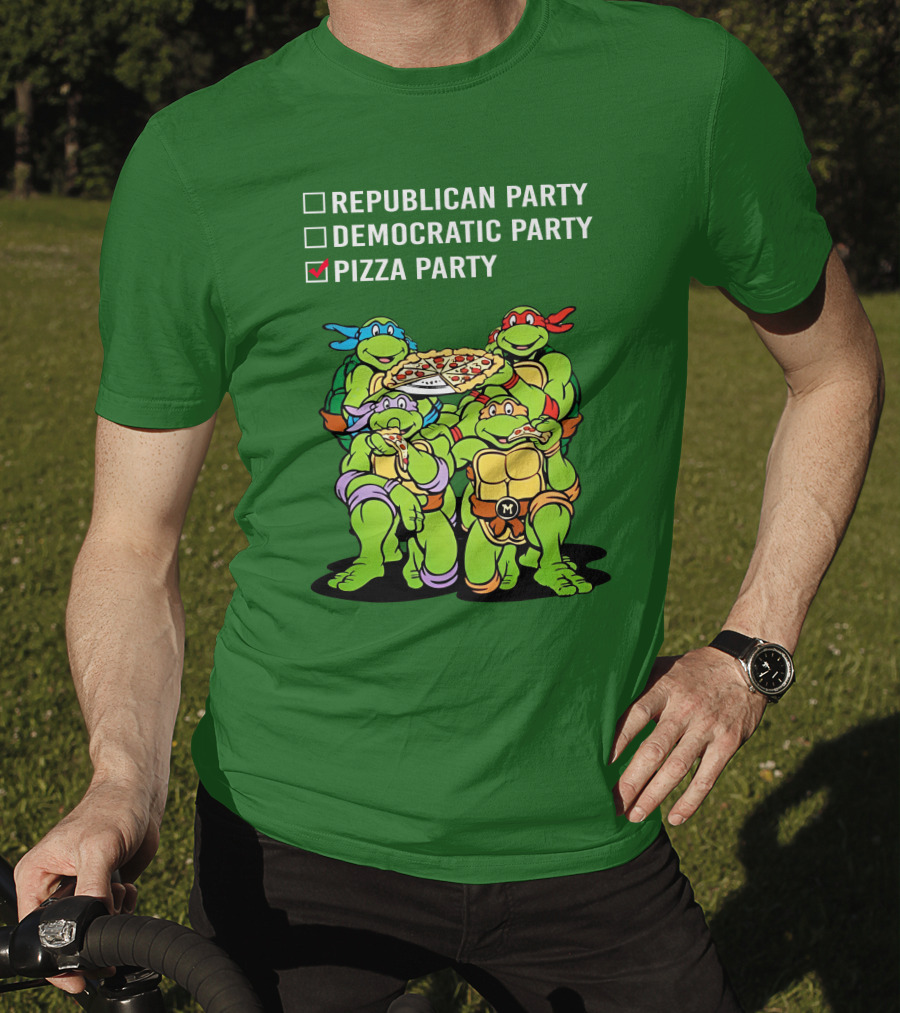 Pizza Party Checkmark With Four Ninja Turtles Carrying Pizza Under Republican Party Democratic Party Options T-Shirt