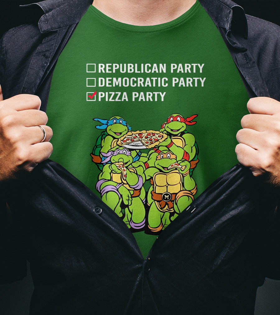 Pizza Party Checkmark With Four Ninja Turtles Carrying Pizza Under Republican Party Democratic Party Options T-Shirt
