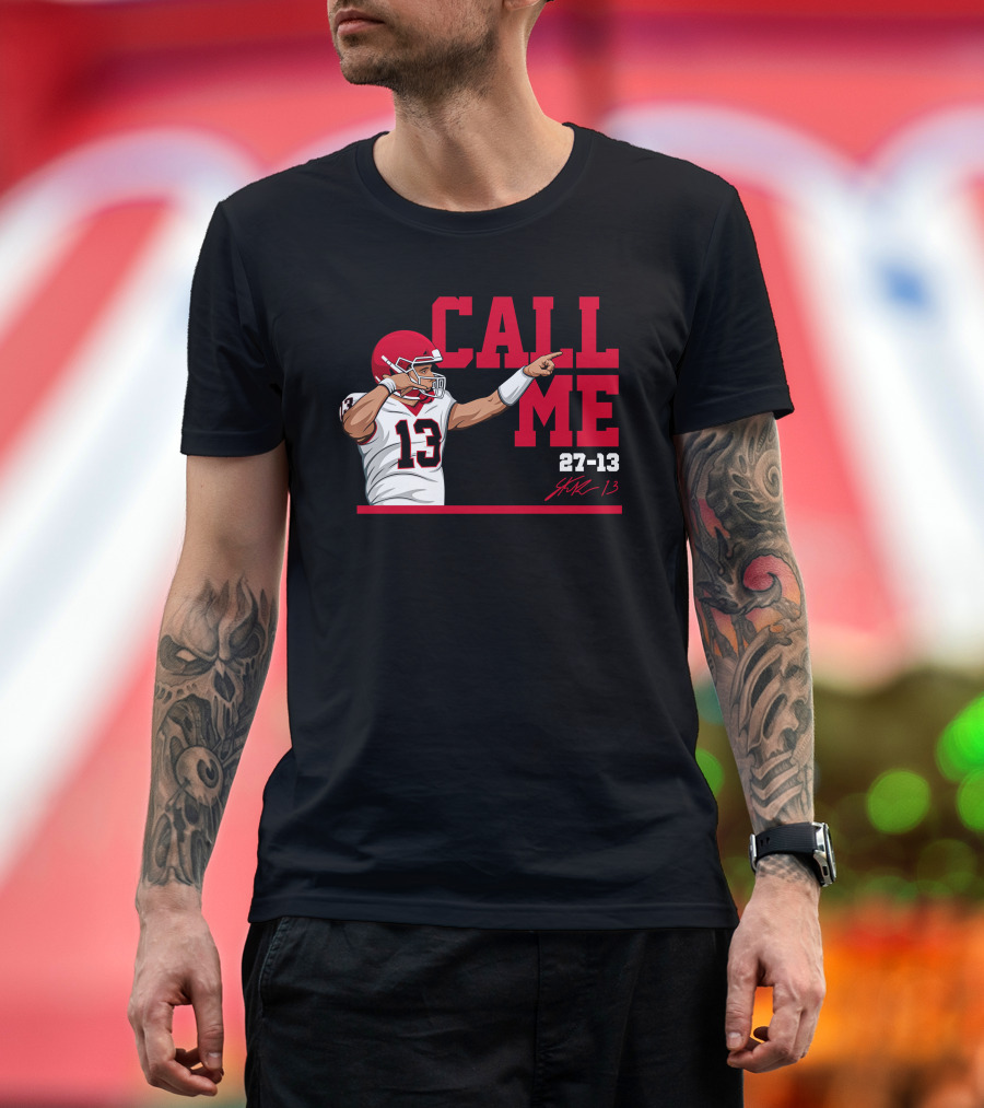 Stetson Bennett X The Players Call Me 13 Red Helmet Pointing 27-13 T-Shirt