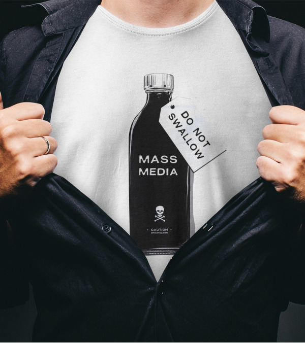 Archillect CAUTION BRAINWASH Do Not Swallow Mass Media Skull And Crossbones T-Shirt