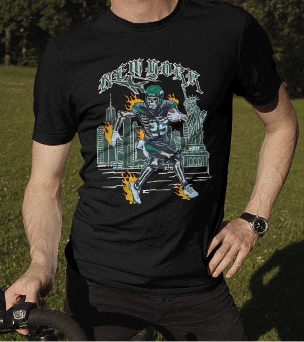 New York Jetpack QB Number 5 New York City Statue Of Liberty Skyline Fire Running T-Shirt