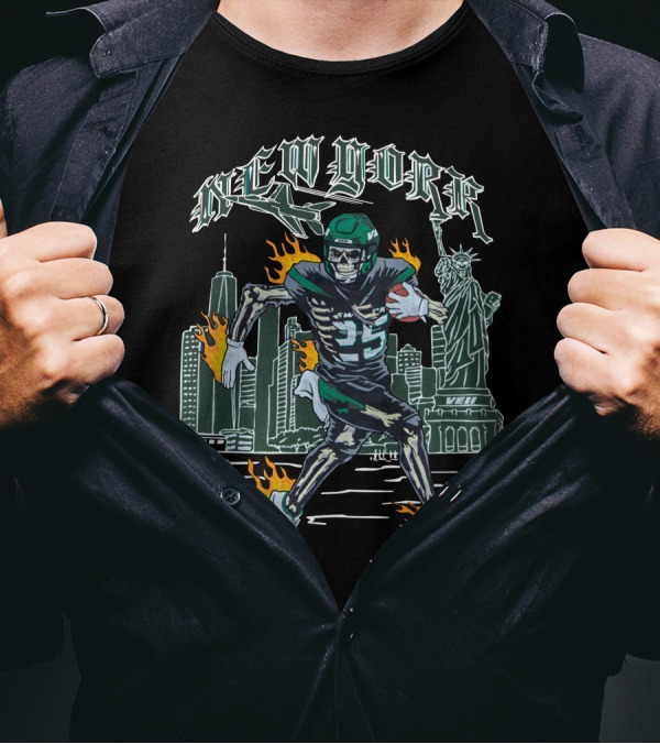 New York Jetpack QB Number 5 New York City Statue Of Liberty Skyline Fire Running T-Shirt