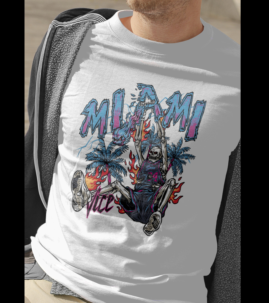 Sana Detroit Vice Miami Basketball Skeleton Dunking With Palm Trees And Flames T-Shirt