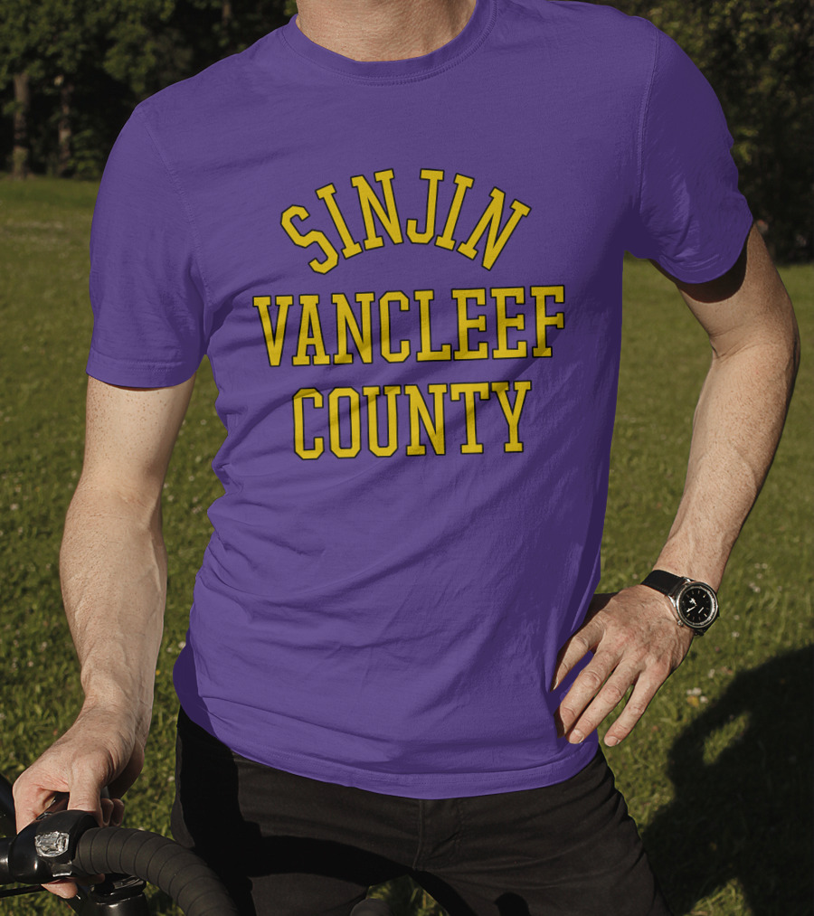 Sinjin Drowning Merch Sinjin Vancleef County Arch Style Purple Gold Lettering T-Shirt