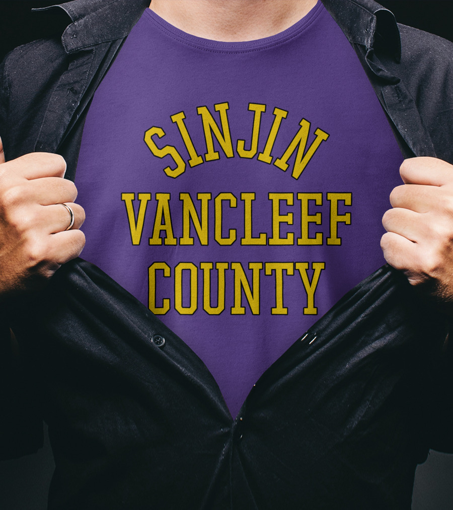 Sinjin Drowning Merch Sinjin Vancleef County Arch Style Purple Gold Lettering T-Shirt